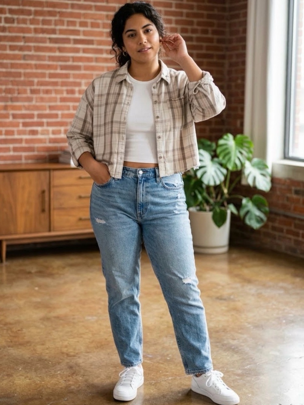 Calvin Klein Plaid Button-Up Crop Top